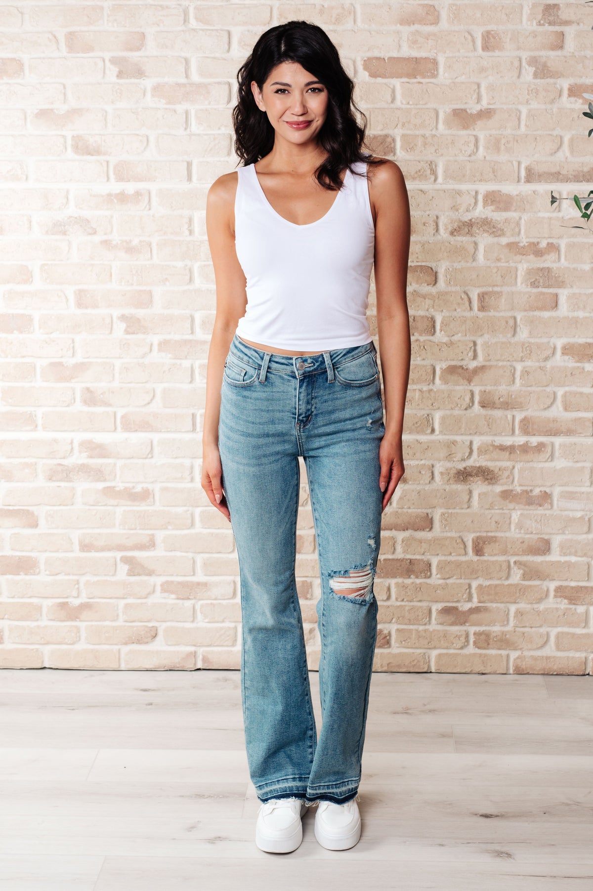 Isla Judy Blue Mid Rise Distressed Released Hem Bootcut Jeans