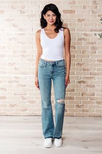 Isla Judy Blue Mid Rise Distressed Released Hem Bootcut Jeans