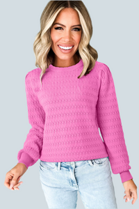 Bright Pink Trendy Pattern Knit Ribbed Cuffs Crew Neck Sweater