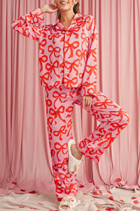 Pink Allover Bow Print Button Up and Loose Pants Pajama Set