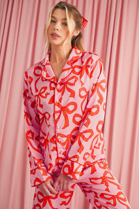 Pink Allover Bow Print Button Up and Loose Pants Pajama Set
