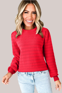 Fiery Red Trendy Pattern Knit Ribbed Cuffs Crew Neck Sweater