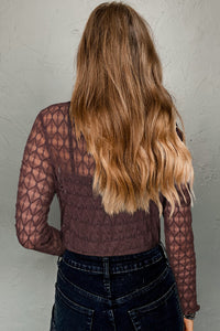 Coffee Sheer Mesh Lettuce Trim Slim Long Sleeve Top