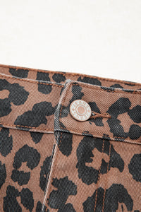 Brown Leopard Frayed Split Denim Midi Skirt