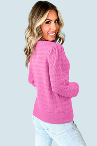 Bright Pink Trendy Pattern Knit Ribbed Cuffs Crew Neck Sweater