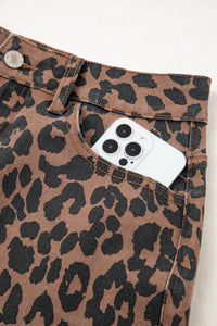 Brown Leopard Frayed Split Denim Midi Skirt