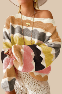 Yellow Wave Striped Balloon Sleeve Drop Shoulder Sweater