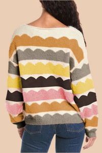 Yellow Wave Striped Balloon Sleeve Drop Shoulder Sweater