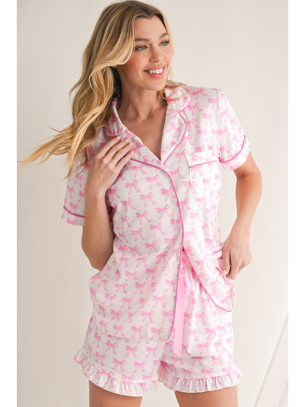 Pink Bowknot Print Shirt and Ruffle Hem Shorts Pajama Set