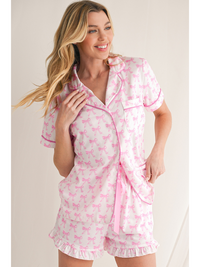 Pink Bowknot Print Shirt and Ruffle Hem Shorts Pajama Set