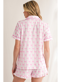Pink Bowknot Print Shirt and Ruffle Hem Shorts Pajama Set