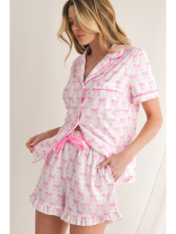 Pink Bowknot Print Shirt and Ruffle Hem Shorts Pajama Set