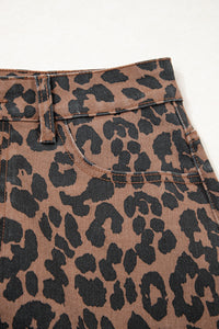 Brown Leopard Frayed Split Denim Midi Skirt
