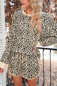 Brown Leopard Print Contrast Trim Two Piece Shorts Set