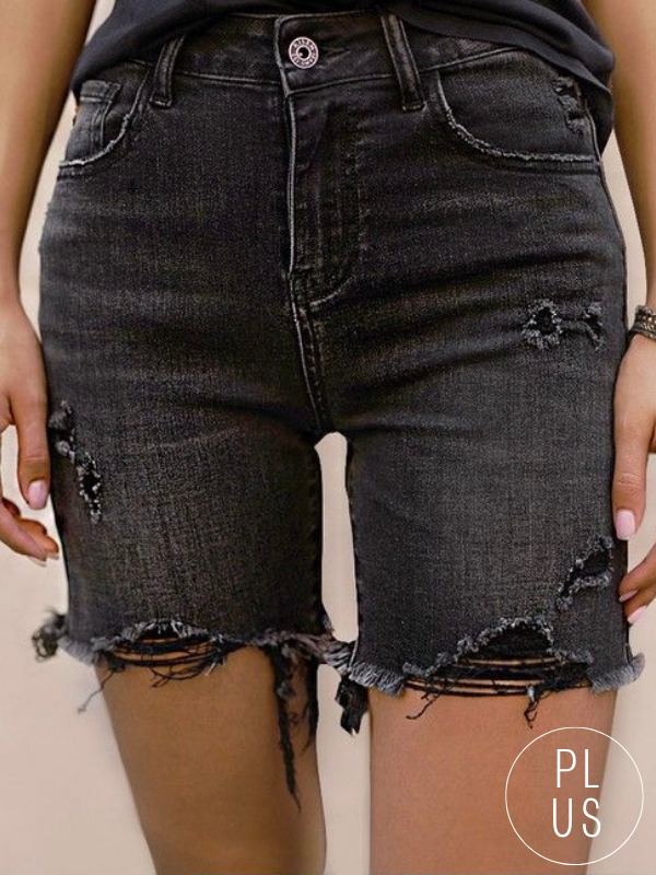 Risen High-Waisted Washed Black Distressed Shorts