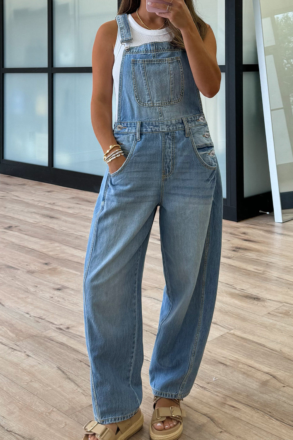Dusk Blue Adjustable Buckle Straps Straight Leg Denim Overalls