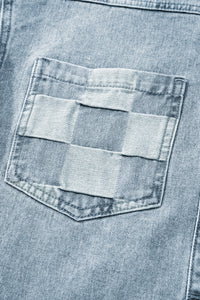 Beau Blue Denim Checkered Pattern Patchwork Womens Casual Jacket