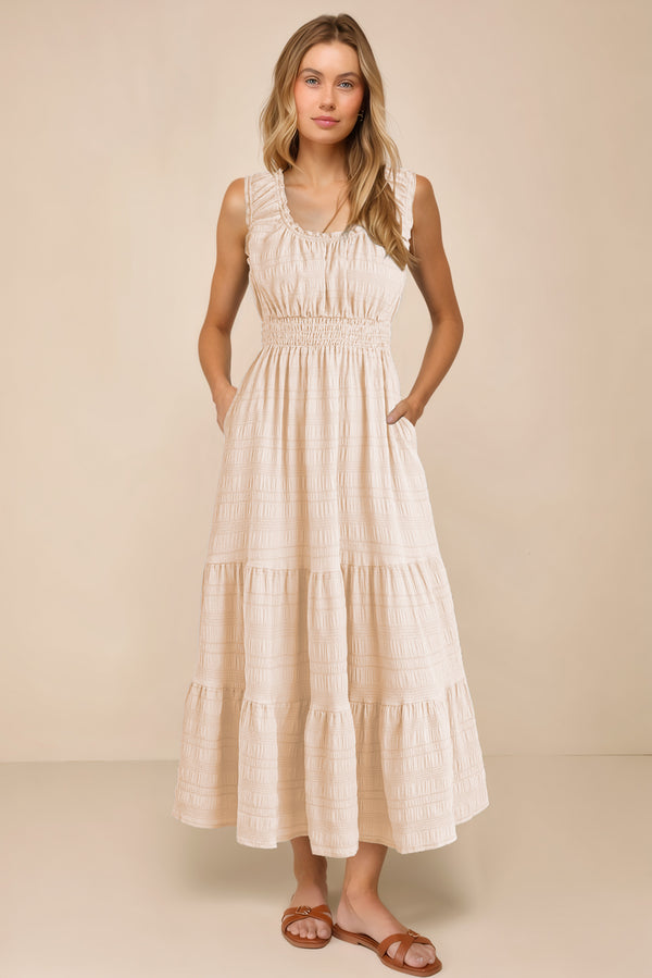 Apricot Shirred Pleated Square Neck Sleeveless Midi Dress