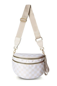 White Checkered Print Wide Strap Large Crossbody Bag