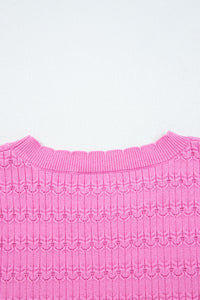 Bright Pink Trendy Pattern Knit Ribbed Cuffs Crew Neck Sweater