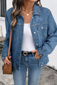 Blue Double Flap Pocket Denim Textured Button Down Jacket