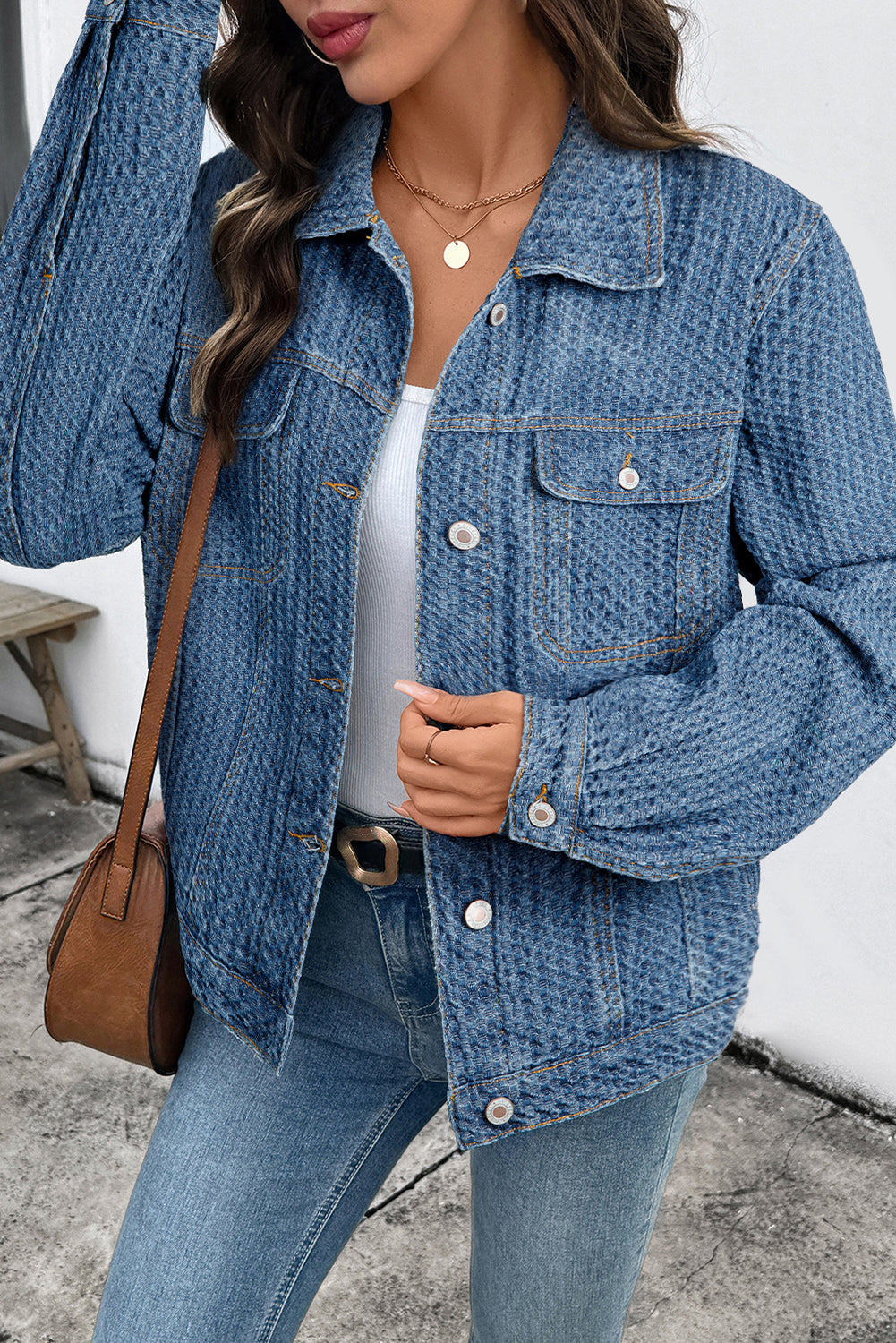 Blue Double Flap Pocket Denim Textured Button Down Jacket