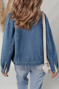 Blue Double Flap Pocket Denim Textured Button Down Jacket