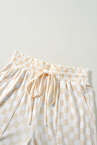 Beige Checkered Print Long Sleeve Loose Fit Pajama Set