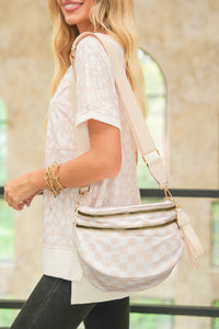 White Checkered Print Wide Strap Large Crossbody Bag