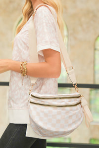 White Checkered Print Wide Strap Large Crossbody Bag