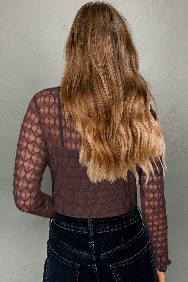 Coffee Sheer Mesh Lettuce Trim Slim Long Sleeve Top