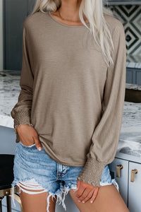 Simply Taupe Shirred Cuffs Solid Long Sleeve T Shirt
