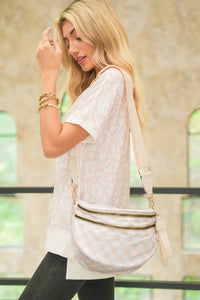 White Checkered Print Wide Strap Large Crossbody Bag