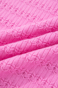Bright Pink Trendy Pattern Knit Ribbed Cuffs Crew Neck Sweater