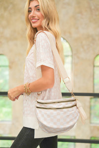 White Checkered Print Wide Strap Large Crossbody Bag