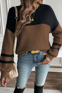 Dark Brown Colorblock Striped Sleeve Detail Knit Sweater