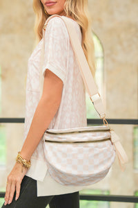 White Checkered Print Wide Strap Large Crossbody Bag