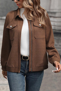 Coffee Solid Color Zip Up Button Flap Pocket Shirt Collar Jackets