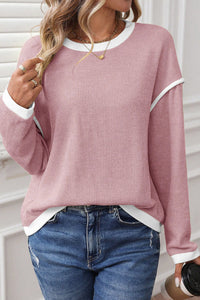 Light Pink Contrast Color Trim Knit Drop Shoulder Loose Top