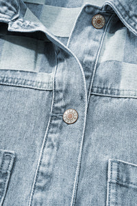 Beau Blue Denim Checkered Pattern Patchwork Womens Casual Jacket