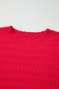 Fiery Red Trendy Pattern Knit Ribbed Cuffs Crew Neck Sweater