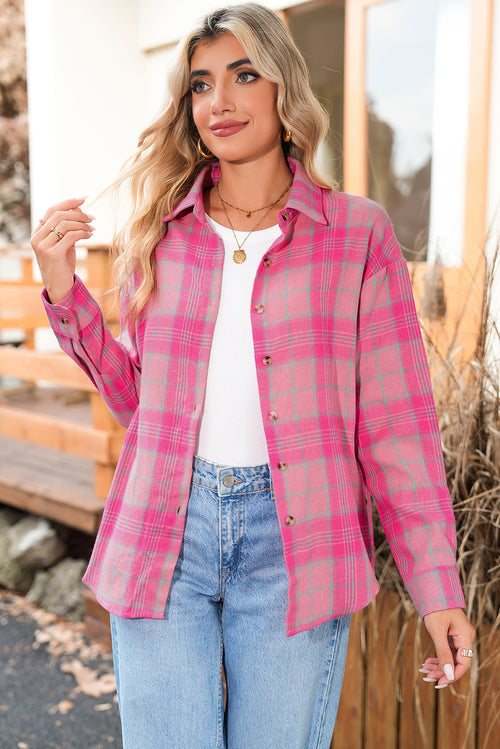 Sachet Pink Plaid Rounded Hem Long Sleeve Shirt Shacket