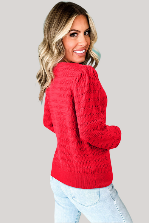 Fiery Red Trendy Pattern Knit Ribbed Cuffs Crew Neck Sweater