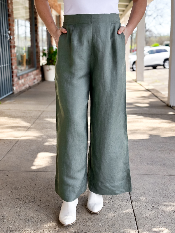 Wide-Leg Pleated Linen Pants Sage