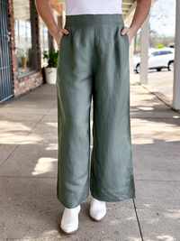 Wide-Leg Pleated Linen Pants Sage