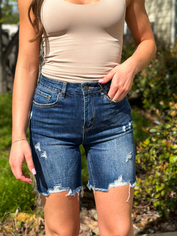 Risen High-Waisted Distressed Shorts