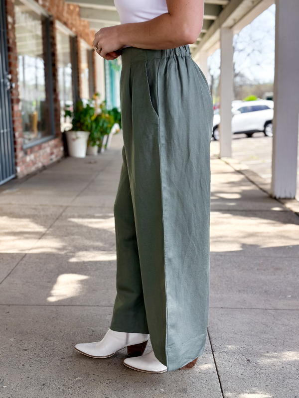 Wide-Leg Pleated Linen Pants Sage