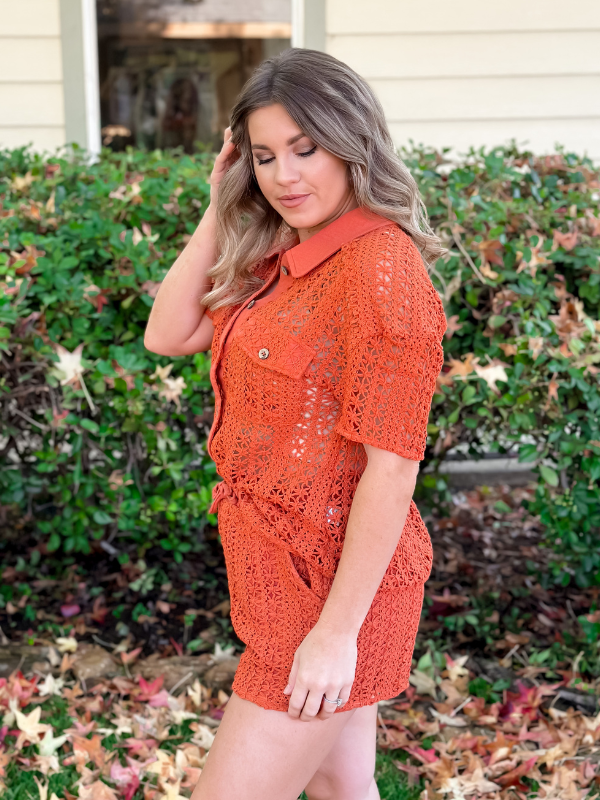 Sheer Crochet Short Sleeve Shirt & Shorts