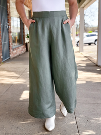 Wide-Leg Pleated Linen Pants Sage