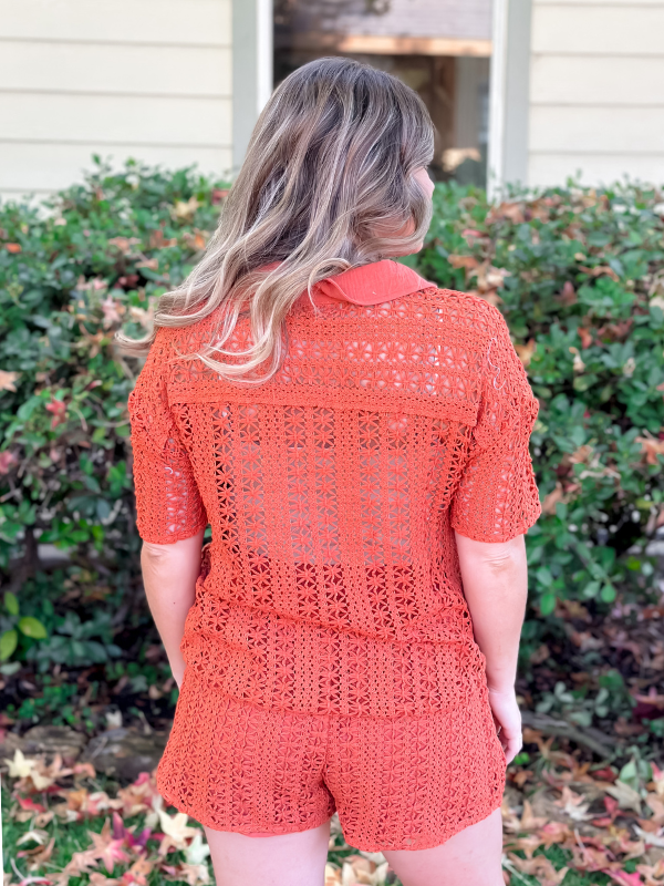 Sheer Crochet Short Sleeve Shirt & Shorts
